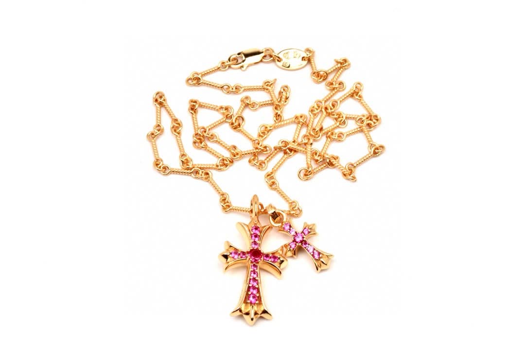 Chrome Hearts Gold Cross Pendant with Pink Stones